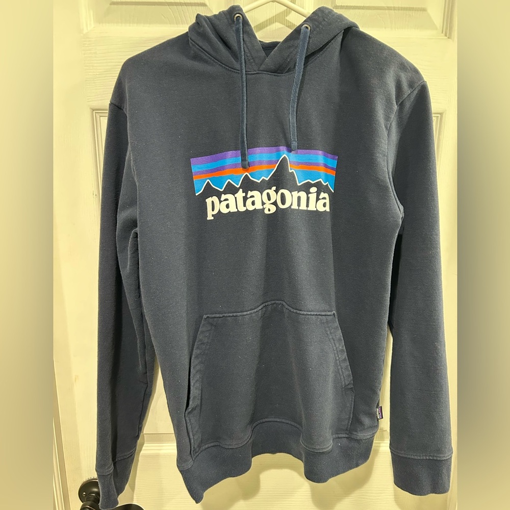 Patagonia Men's Dark Blue Hoodie with Multicolor Logo